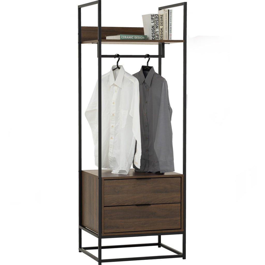 Capri open shelf wardrobe with 2 drawer in Matt Black Epoxy colour leg, Walnut colour shelf.