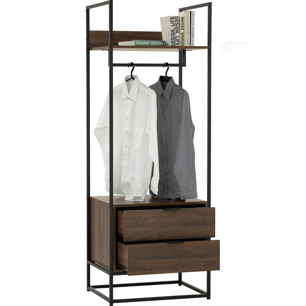Capri open shelf wardrobe with 2 drawer in Matt Black Epoxy colour leg, Walnut colour shelf.