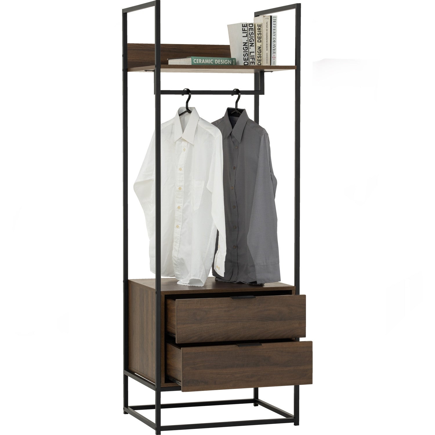 Capri open shelf wardrobe with 2 drawer in Matt Black Epoxy colour leg, Walnut colour shelf.