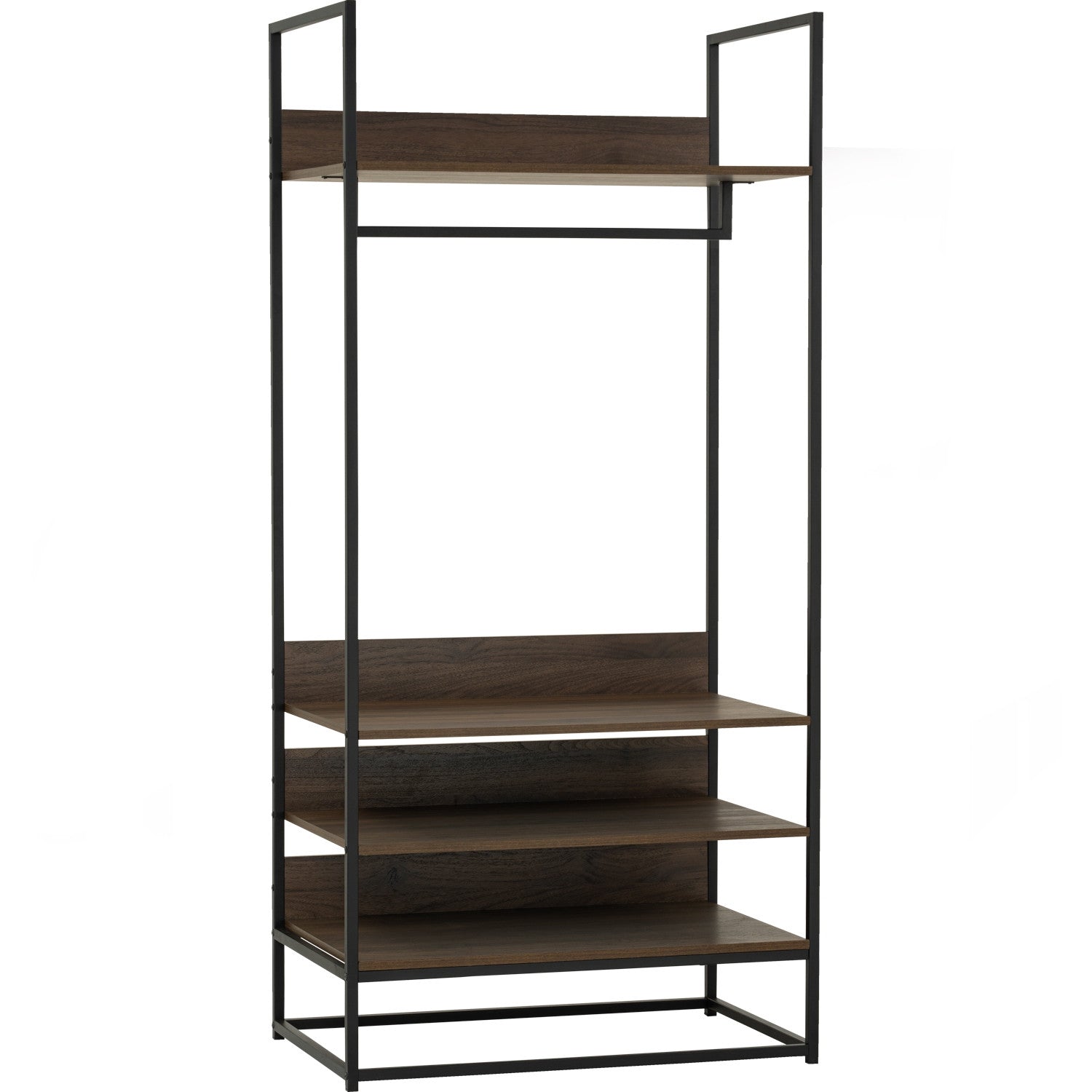 Capri open shelf wardrobe in Matt Black Epoxy colour leg, Walnut colour shelf.