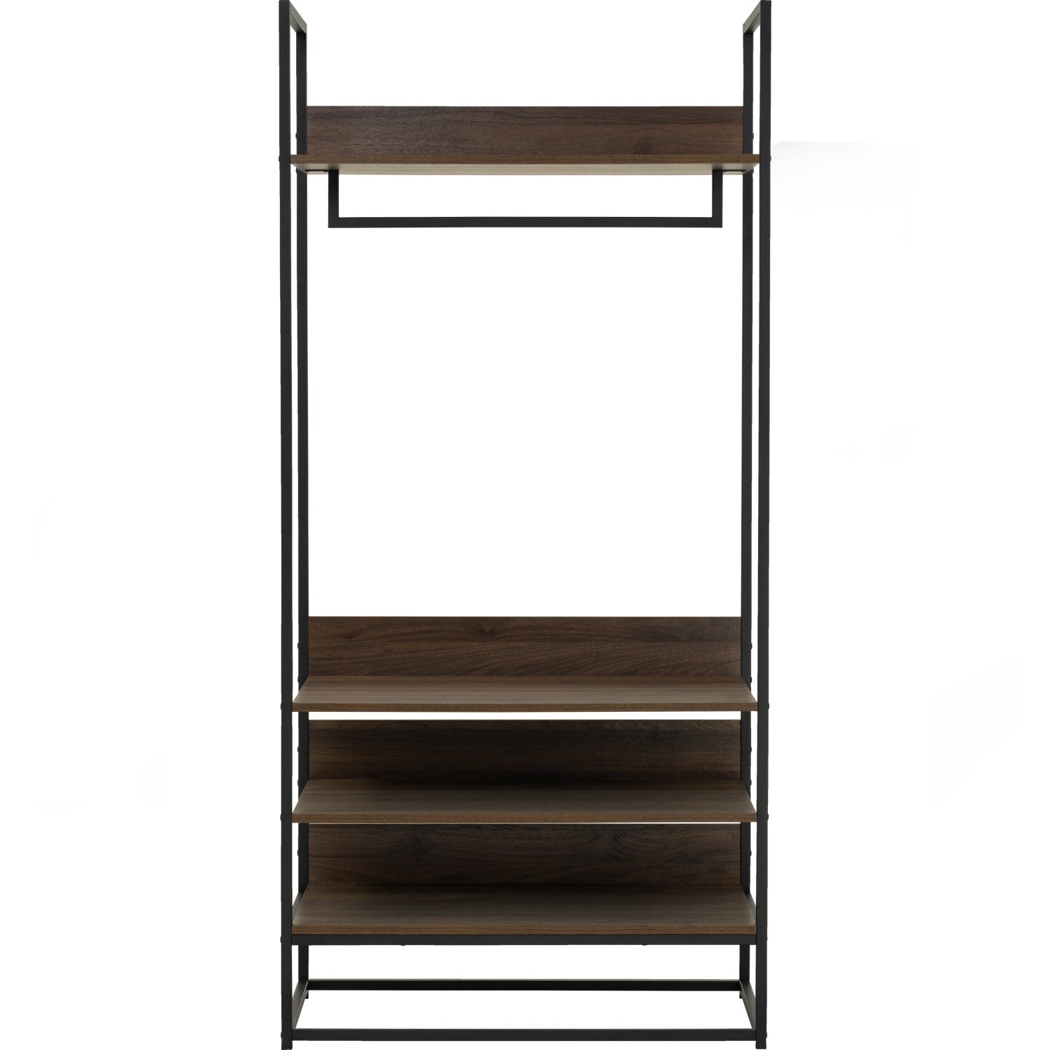 Capri open shelf wardrobe in Matt Black Epoxy colour leg, Walnut colour shelf.