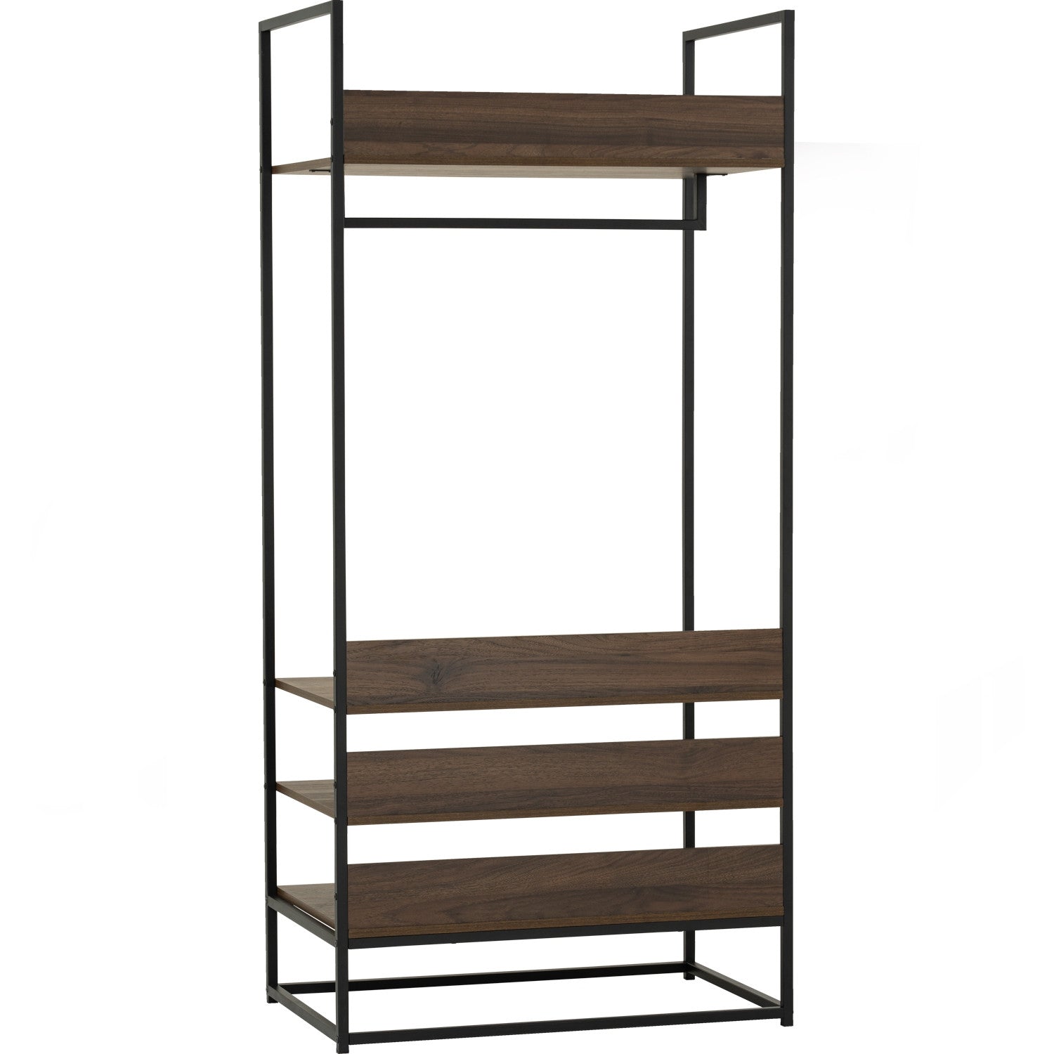 Capri open shelf wardrobe in Matt Black Epoxy colour leg, Walnut colour shelf.