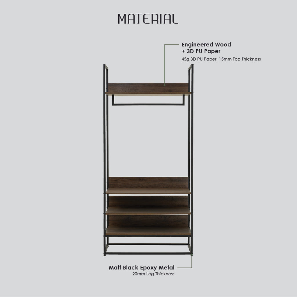 Capri open shelf wardrobe in Matt Black Epoxy colour leg, Walnut colour shelf.