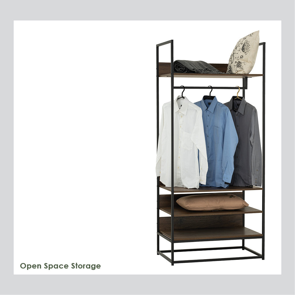 Capri open shelf wardrobe in Matt Black Epoxy colour leg, Walnut colour shelf.