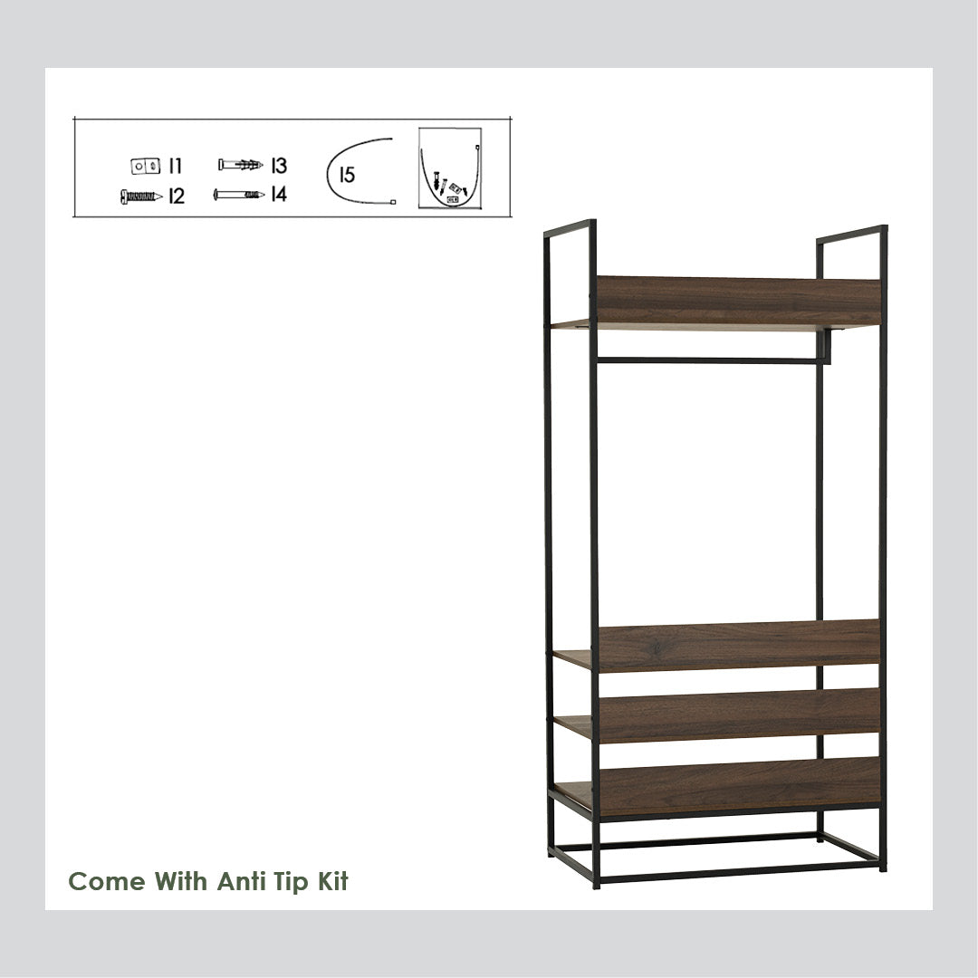 Capri open shelf wardrobe in Matt Black Epoxy colour leg, Walnut colour shelf.