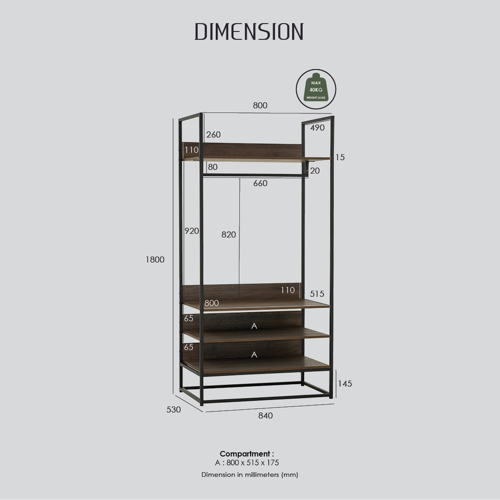 Capri open shelf wardrobe in Matt Black Epoxy colour leg, Walnut colour shelf.