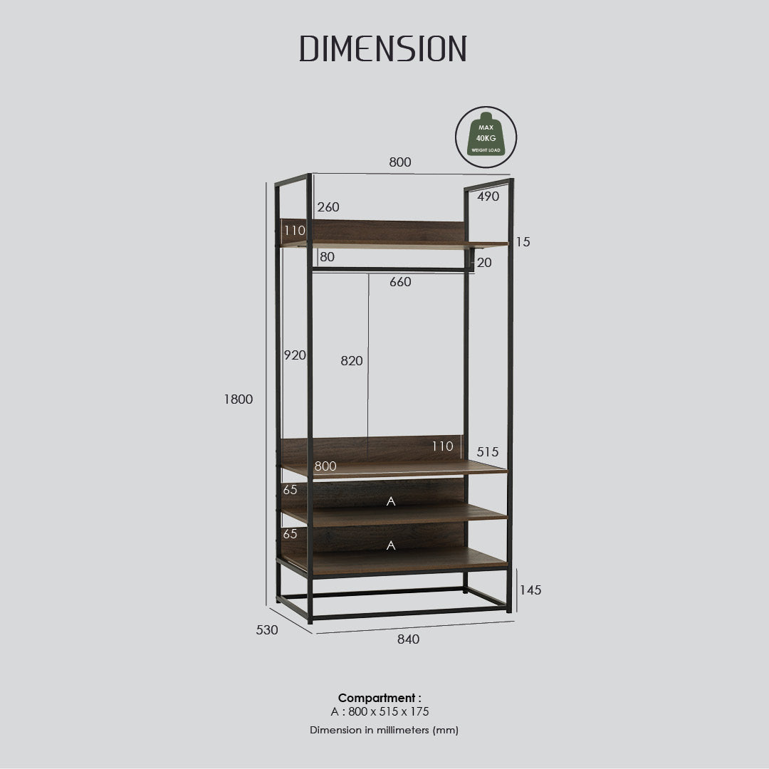 Capri open shelf wardrobe in Matt Black Epoxy colour leg, Walnut colour shelf.