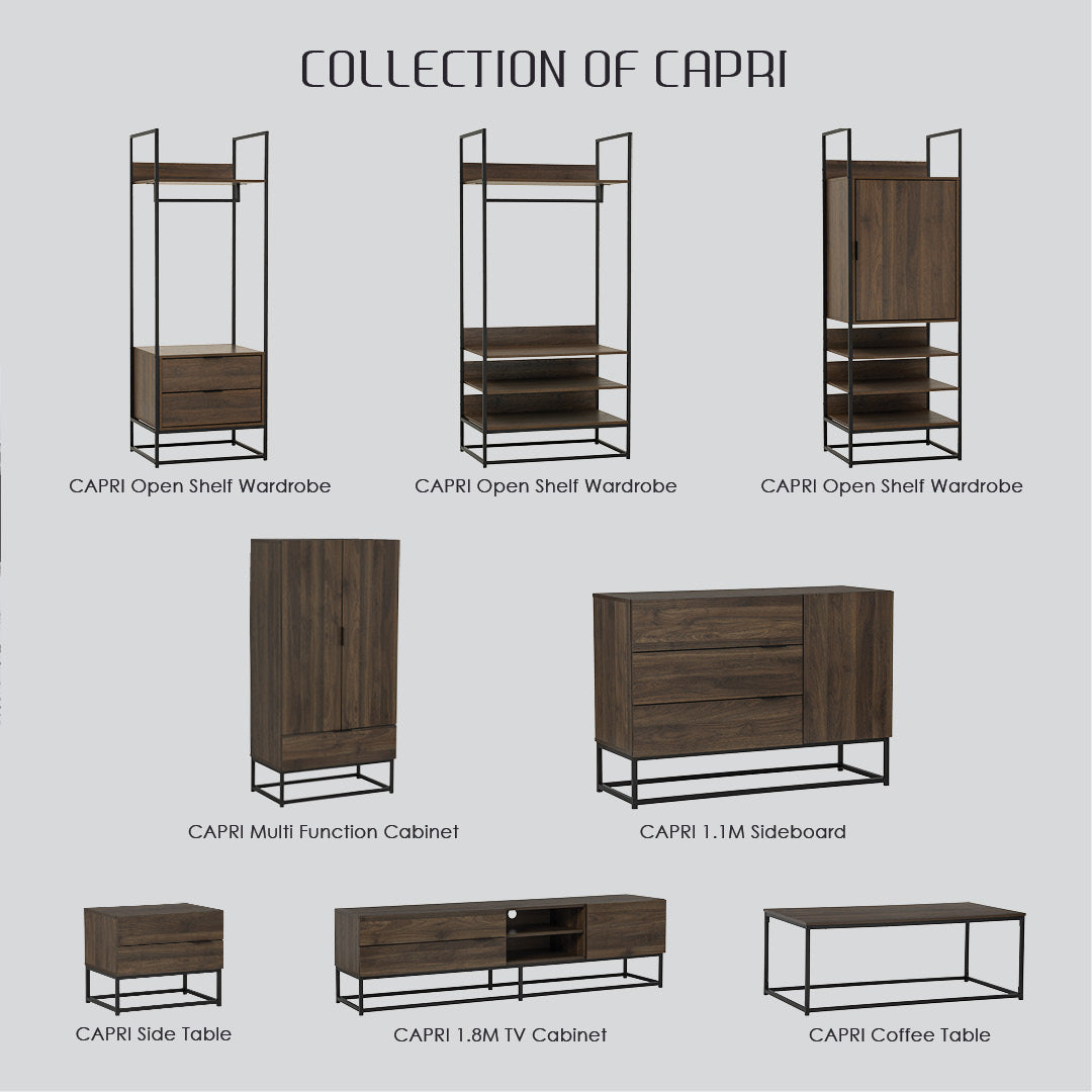 Capri open shelf wardrobe with 2 drawer in Matt Black Epoxy colour leg, Walnut colour shelf.