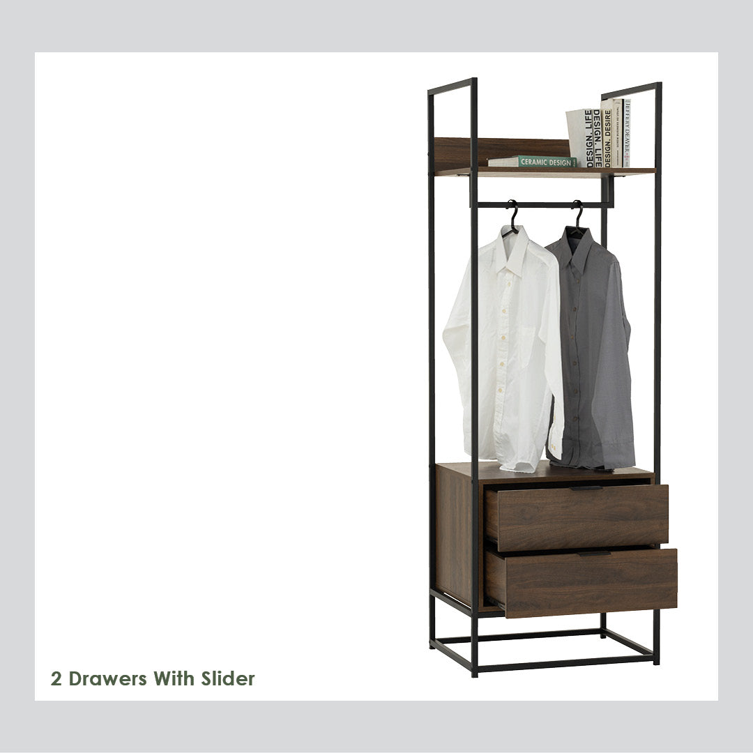 Capri open shelf wardrobe with 2 drawer in Matt Black Epoxy colour leg, Walnut colour shelf.