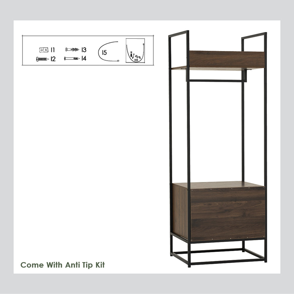 Capri open shelf wardrobe with 2 drawer in Matt Black Epoxy colour leg, Walnut colour shelf.