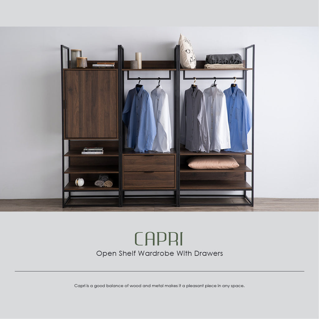 Capri open shelf wardrobe with 2 drawer in Matt Black Epoxy colour leg, Walnut colour shelf.