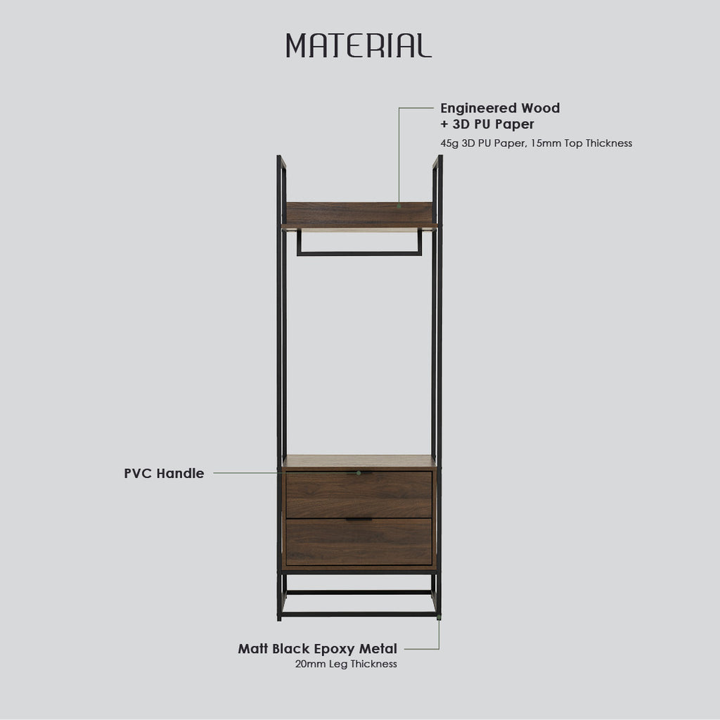 Capri open shelf wardrobe with 2 drawer in Matt Black Epoxy colour leg, Walnut colour shelf.