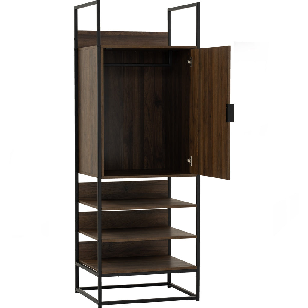 Capri open shelf wardrobe with 1 door in Matt Black Epoxy colour leg, Walnut colour shelf.