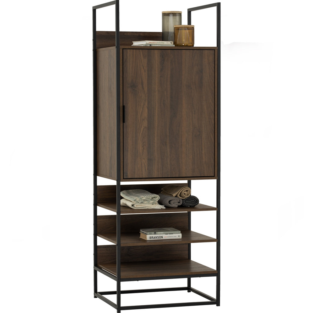 Capri open shelf wardrobe with 1 door in Matt Black Epoxy colour leg, Walnut colour shelf.