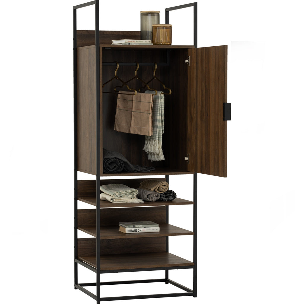 Capri open shelf wardrobe with 1 door in Matt Black Epoxy colour leg, Walnut colour shelf.