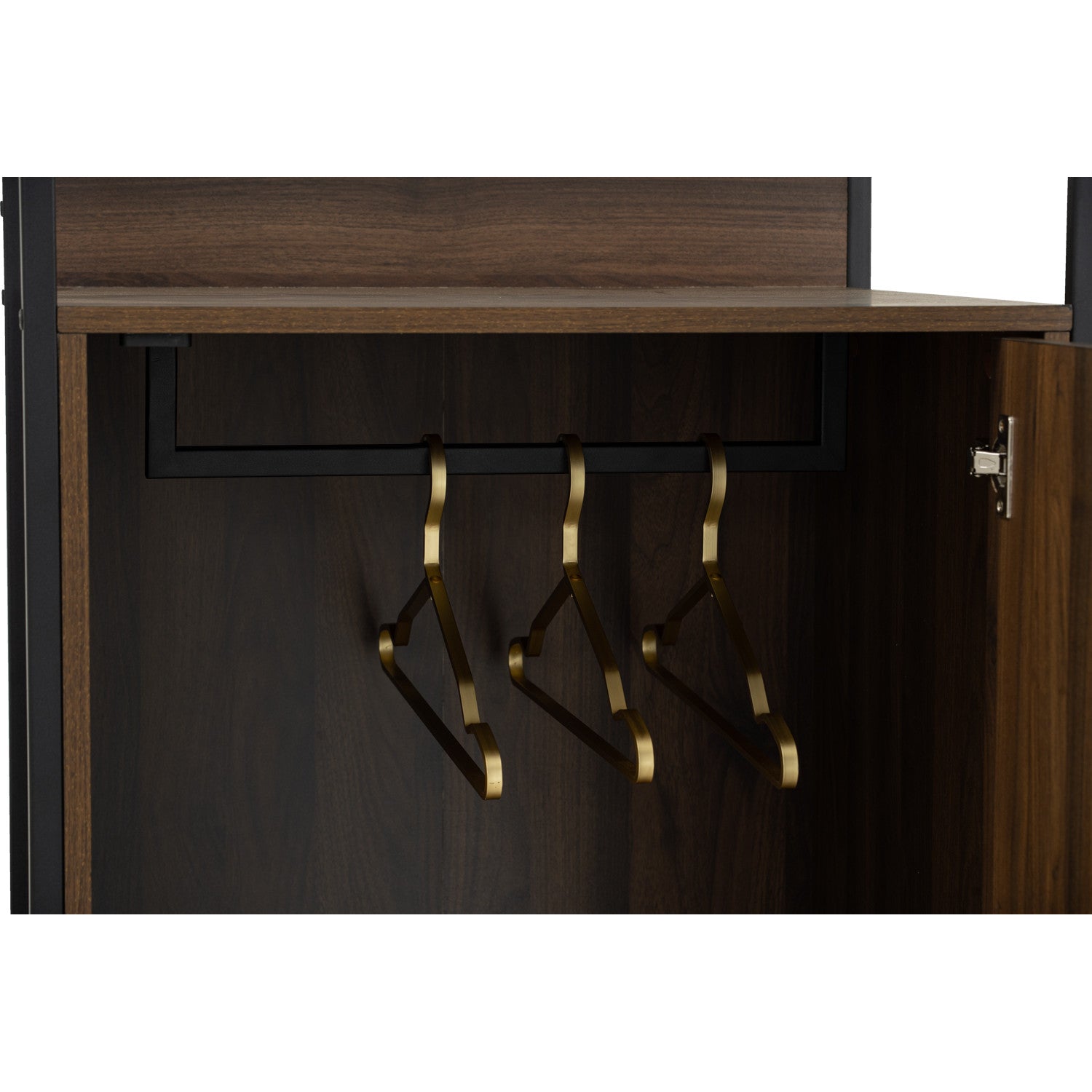 Capri open shelf wardrobe with 1 door in Matt Black Epoxy colour leg, Walnut colour shelf.