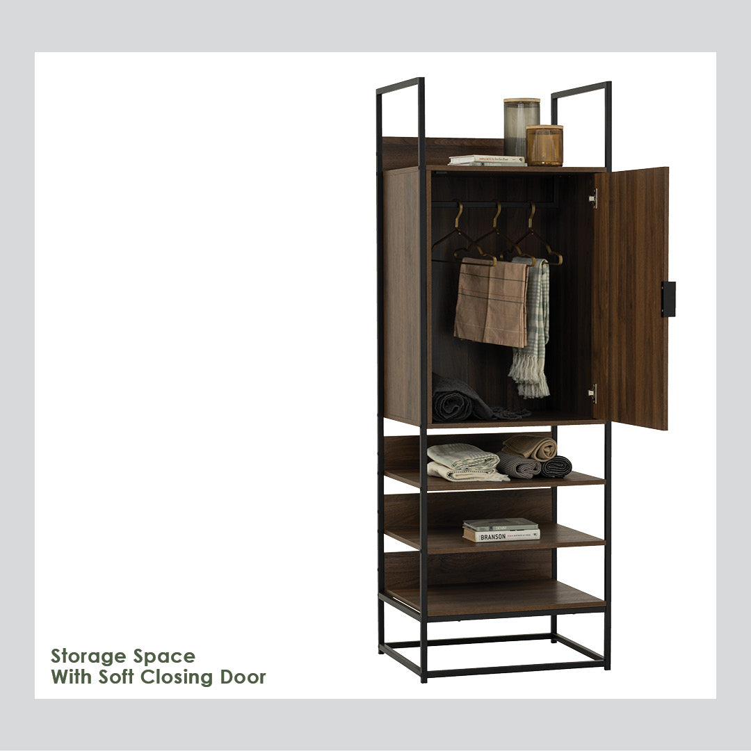 Capri open shelf wardrobe with 1 door in Matt Black Epoxy colour leg, Walnut colour shelf.