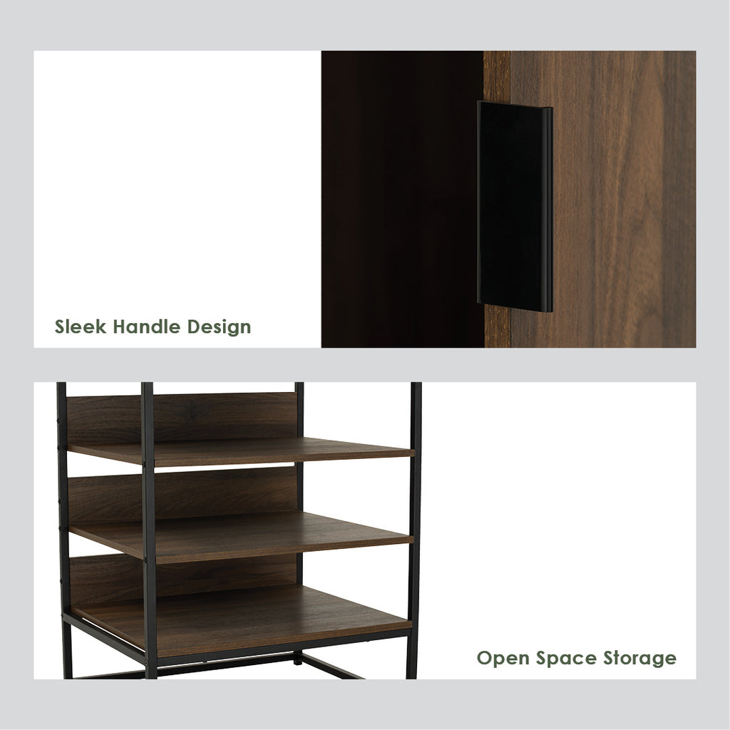 Capri open shelf wardrobe with 1 door in Matt Black Epoxy colour leg, Walnut colour shelf.