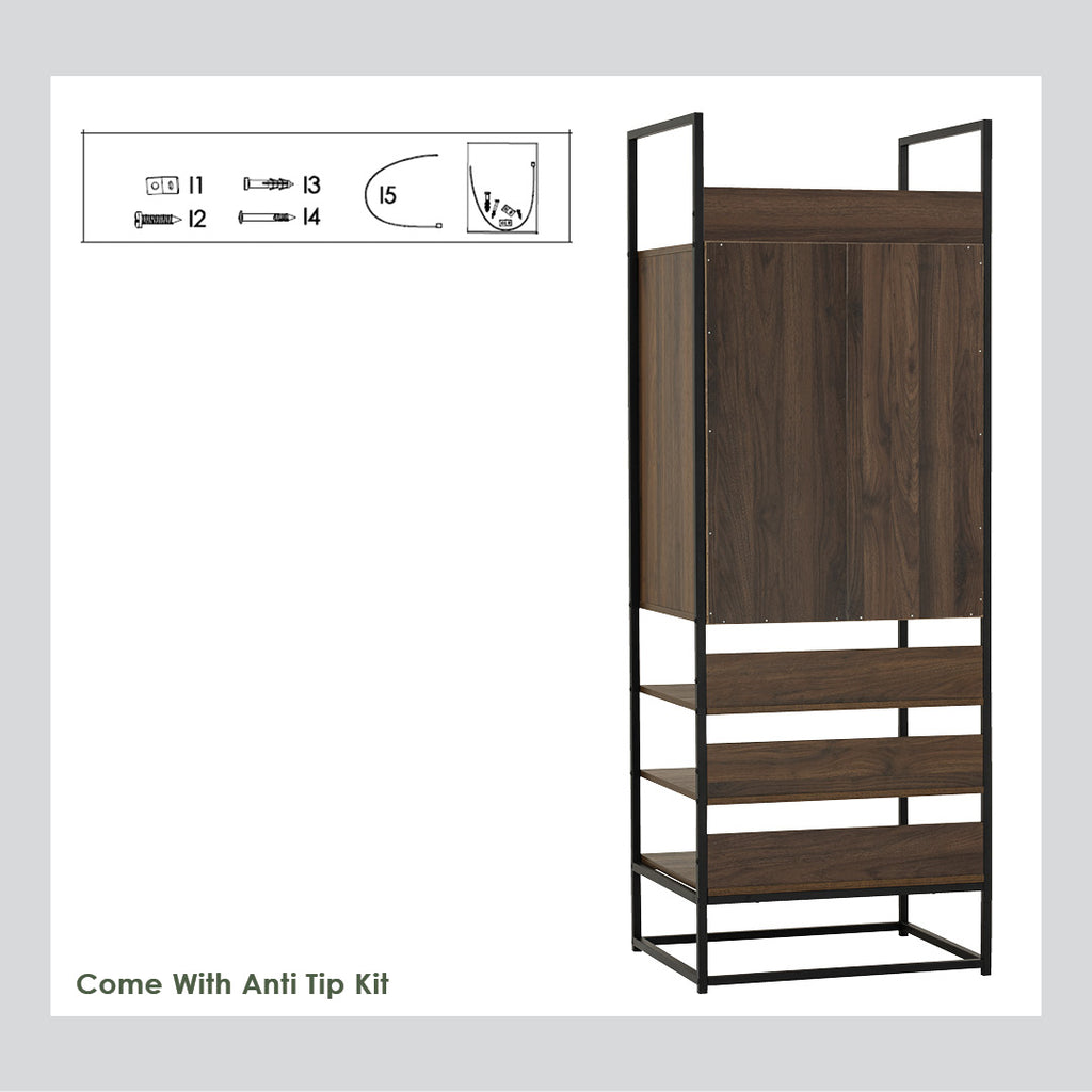 Capri open shelf wardrobe with 1 door in Matt Black Epoxy colour leg, Walnut colour shelf.