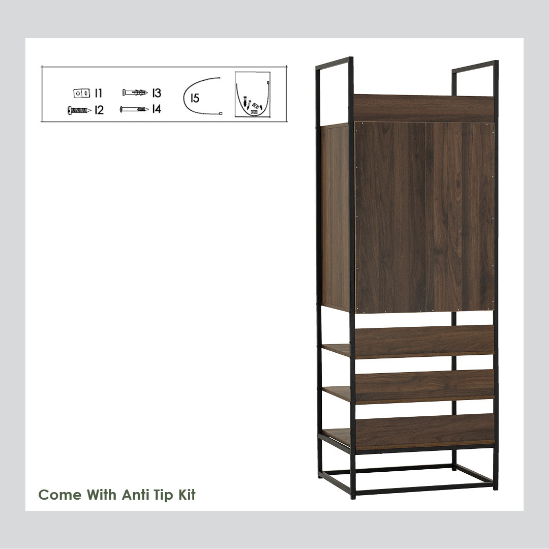 Capri open shelf wardrobe with 1 door in Matt Black Epoxy colour leg, Walnut colour shelf.