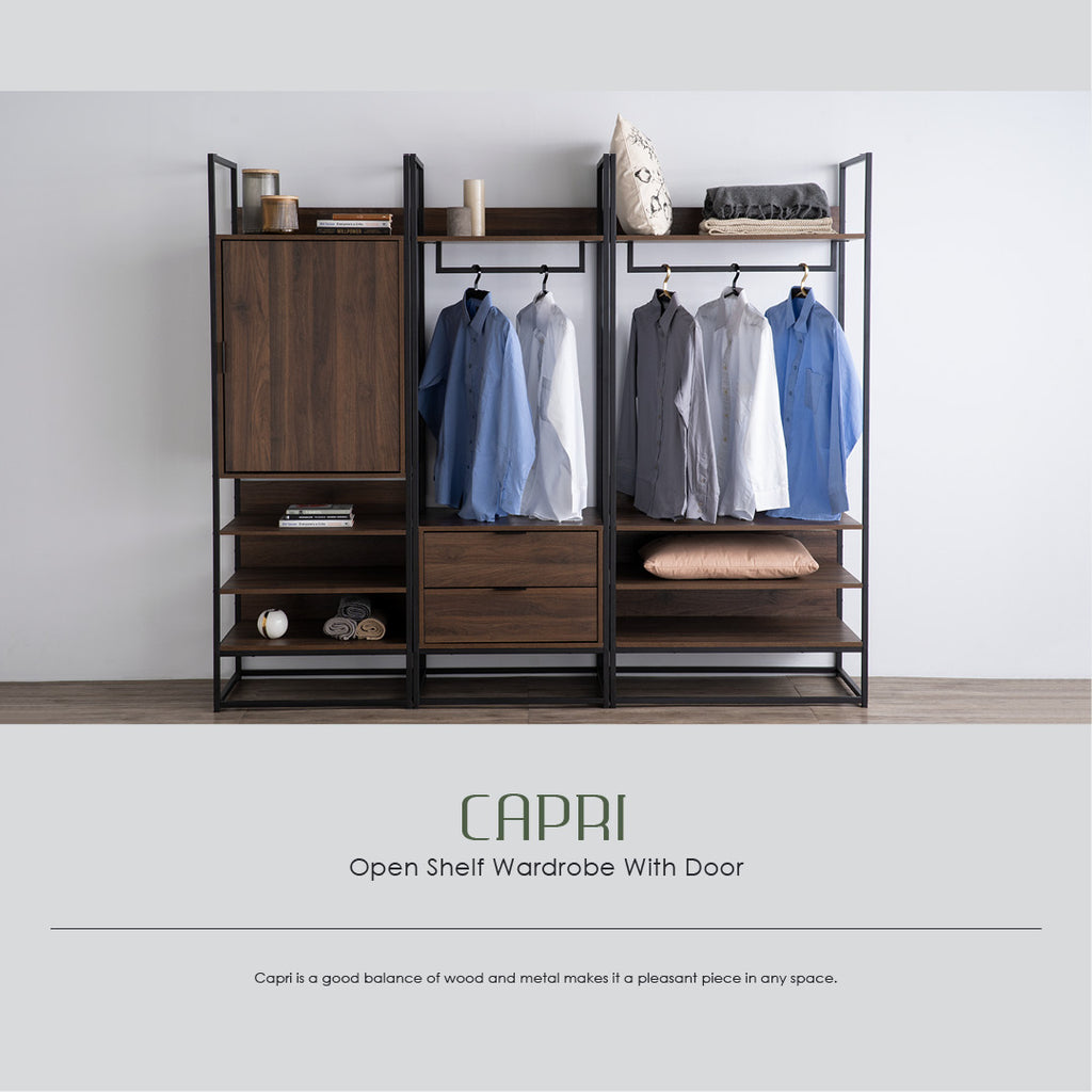 Capri open shelf wardrobe with 1 door in Matt Black Epoxy colour leg, Walnut colour shelf.