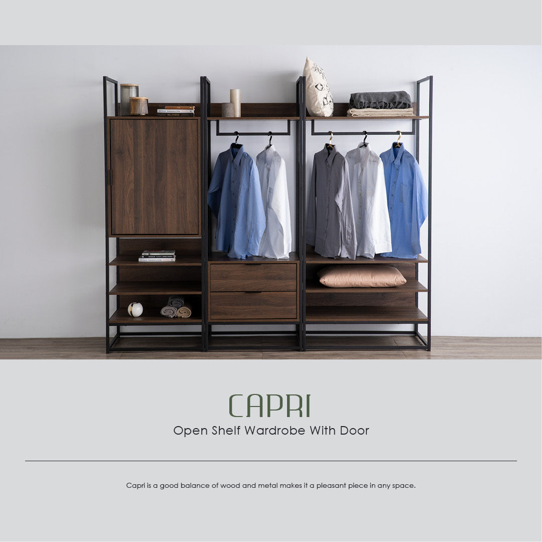 Capri open shelf wardrobe with 1 door in Matt Black Epoxy colour leg, Walnut colour shelf.