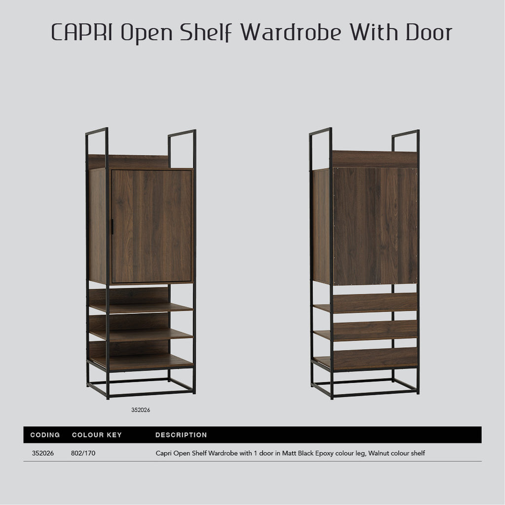 Capri open shelf wardrobe with 1 door in Matt Black Epoxy colour leg, Walnut colour shelf.