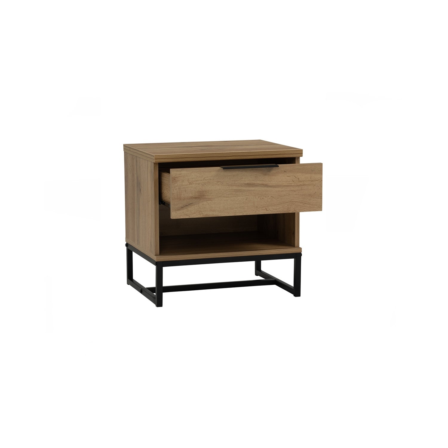 Waldo Bedside Table in Wotan Oak melamine top with Matt Black Epoxy colour leg