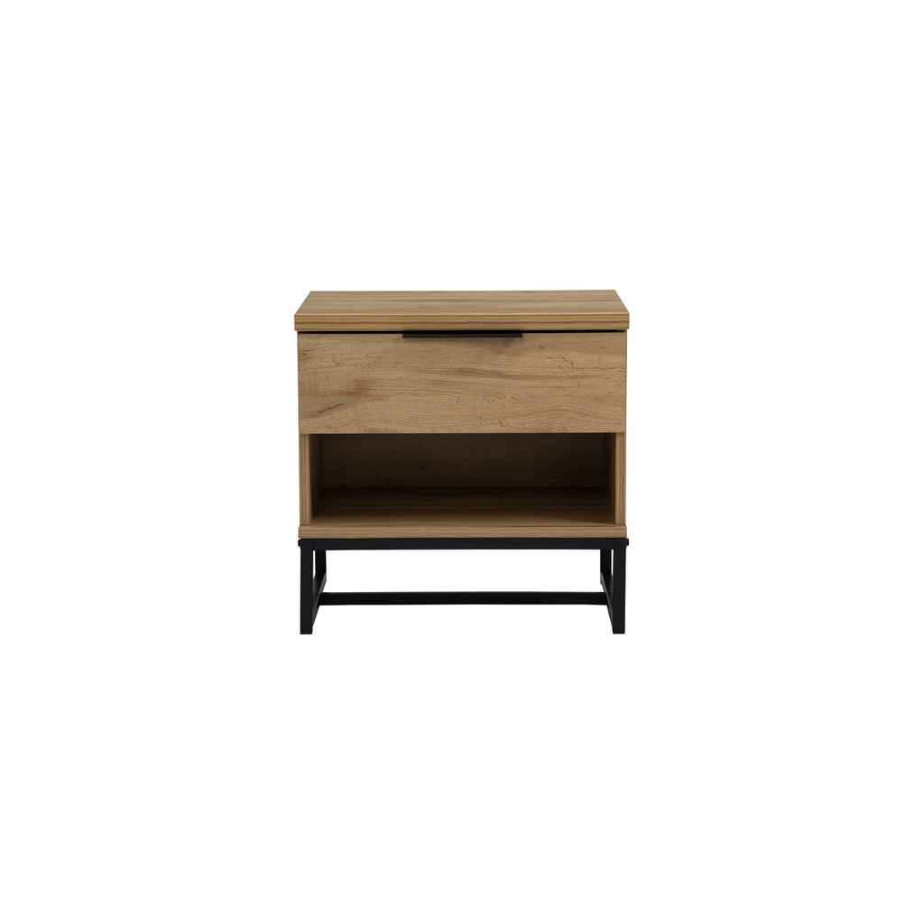 Waldo Bedside Table in Wotan Oak melamine top with Matt Black Epoxy colour leg