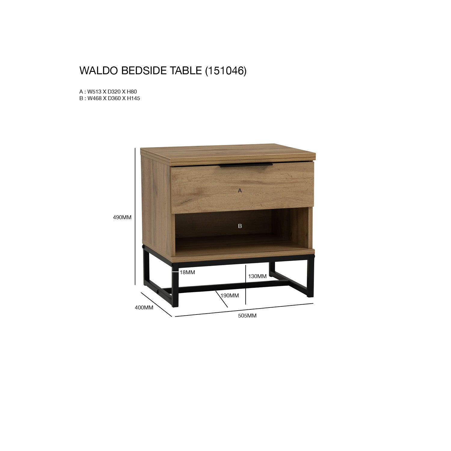 Waldo Bedside Table in Wotan Oak melamine top with Matt Black Epoxy colour leg