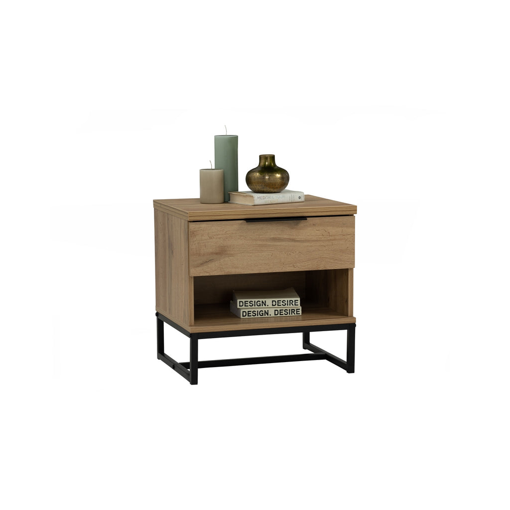 Waldo Bedside Table in Wotan Oak melamine top with Matt Black Epoxy colour leg