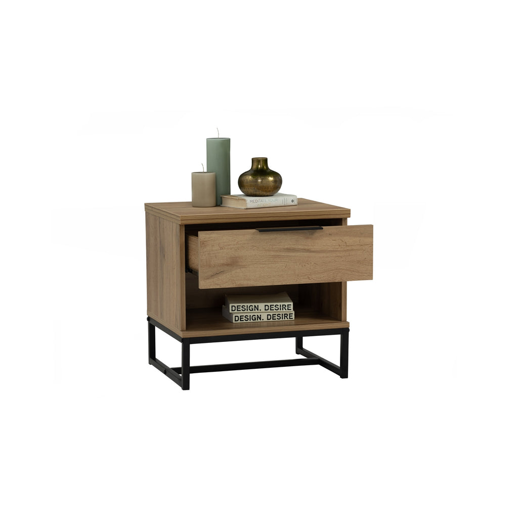 Waldo Bedside Table in Wotan Oak melamine top with Matt Black Epoxy colour leg