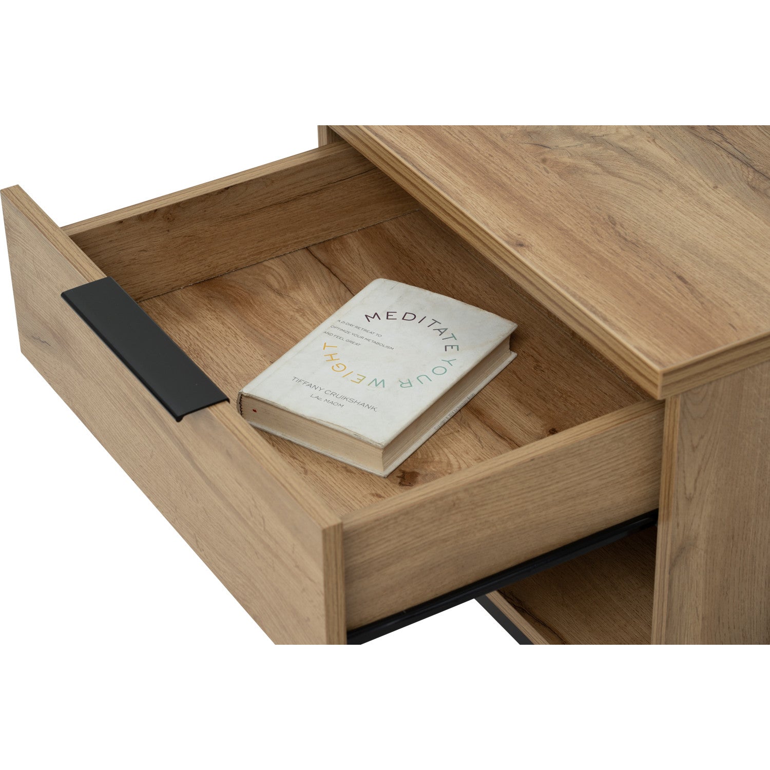 Waldo Bedside Table in Wotan Oak melamine top with Matt Black Epoxy colour leg