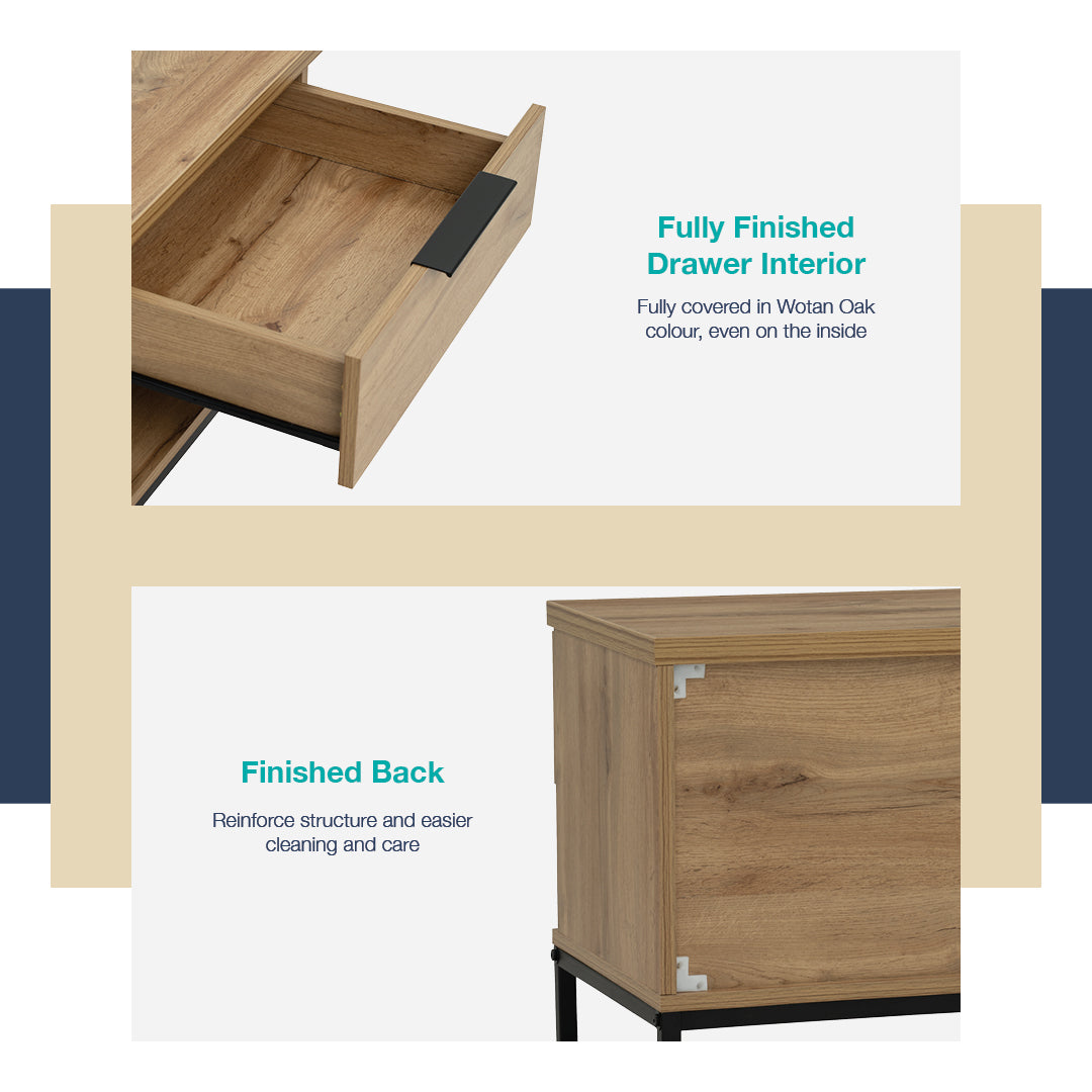 Waldo Bedside Table in Wotan Oak melamine top with Matt Black Epoxy colour leg