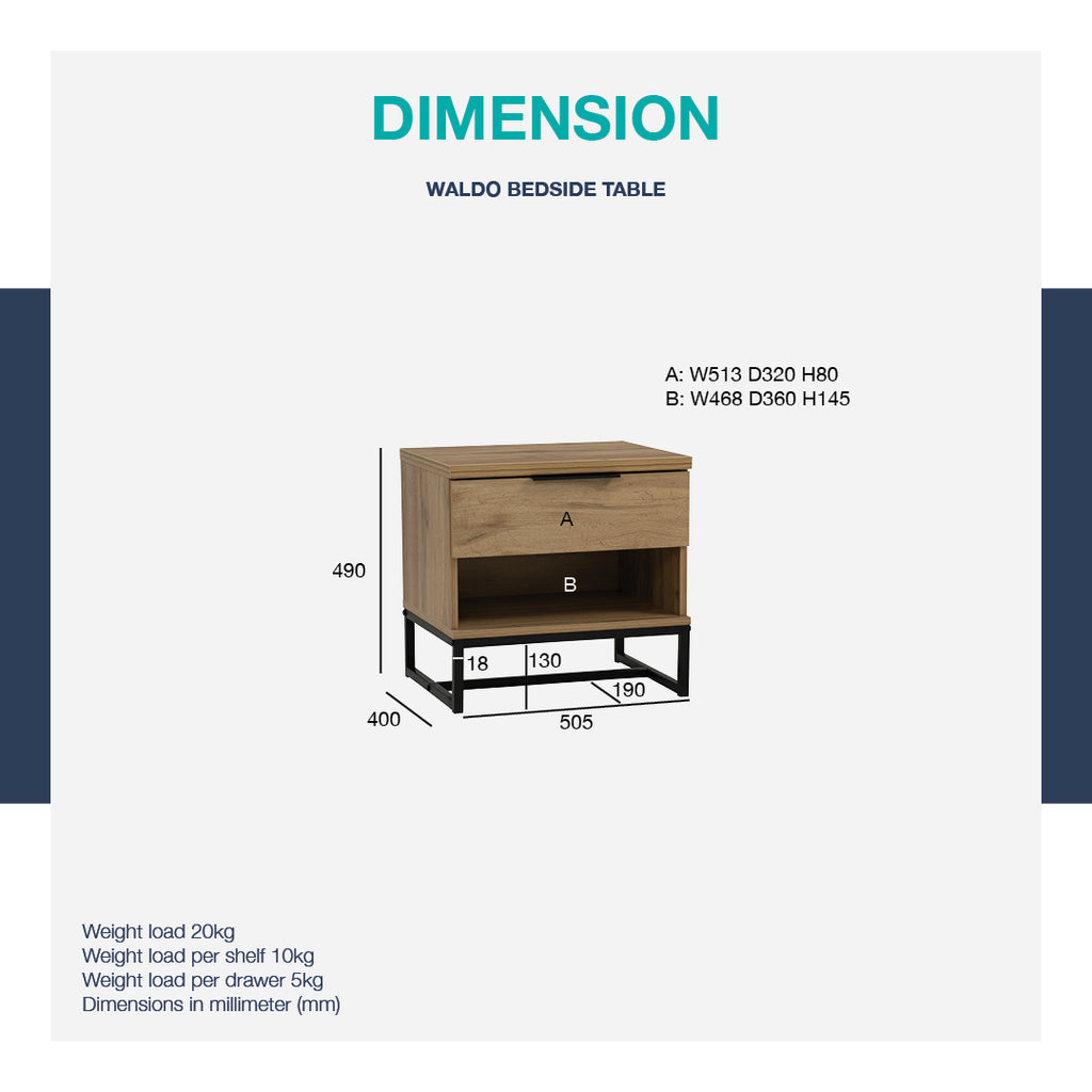 Waldo Bedside Table in Wotan Oak melamine top with Matt Black Epoxy colour leg