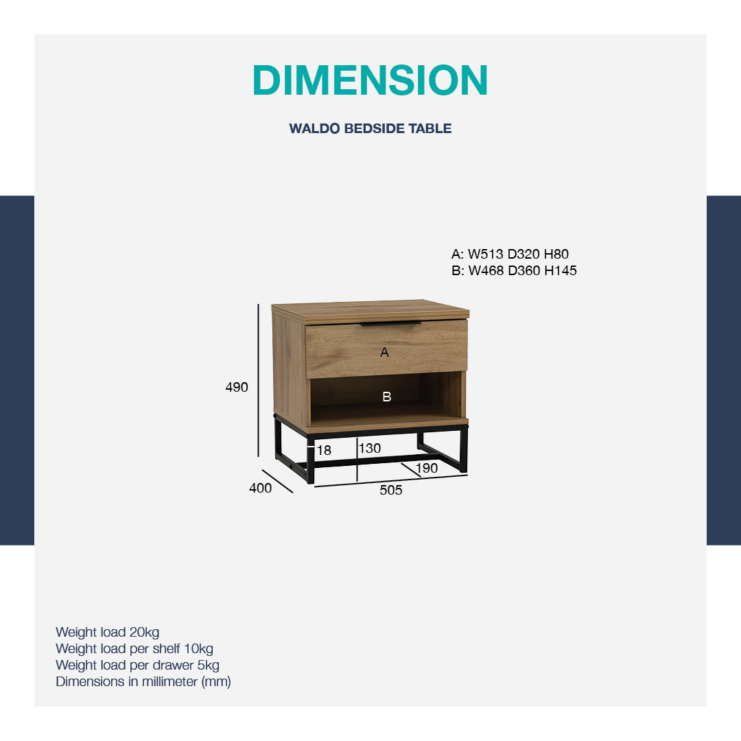 Waldo Bedside Table in Wotan Oak melamine top with Matt Black Epoxy colour leg