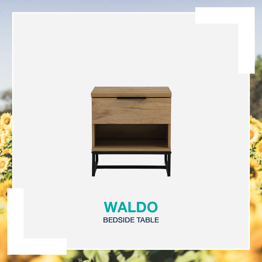 Waldo Bedside Table in Wotan Oak melamine top with Matt Black Epoxy colour leg