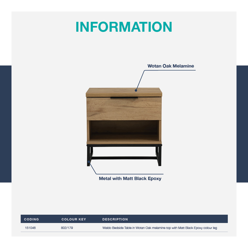 Waldo Bedside Table in Wotan Oak melamine top with Matt Black Epoxy colour leg
