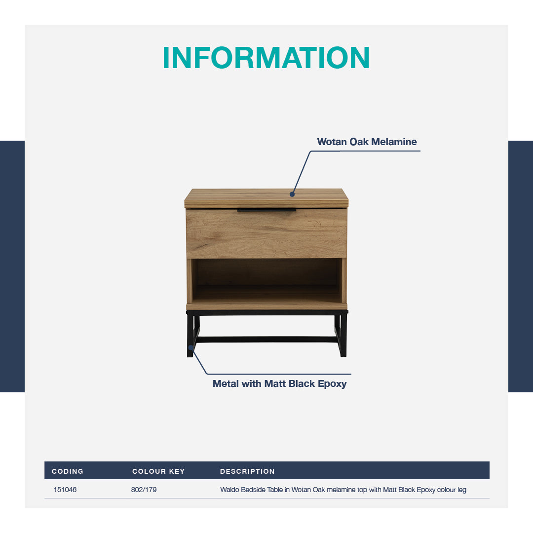 Waldo Bedside Table in Wotan Oak melamine top with Matt Black Epoxy colour leg