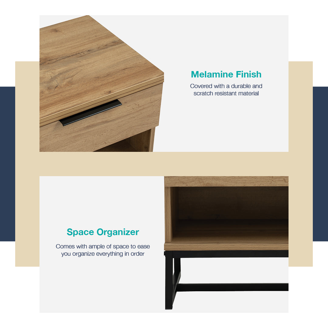 Waldo Bedside Table in Wotan Oak melamine top with Matt Black Epoxy colour leg