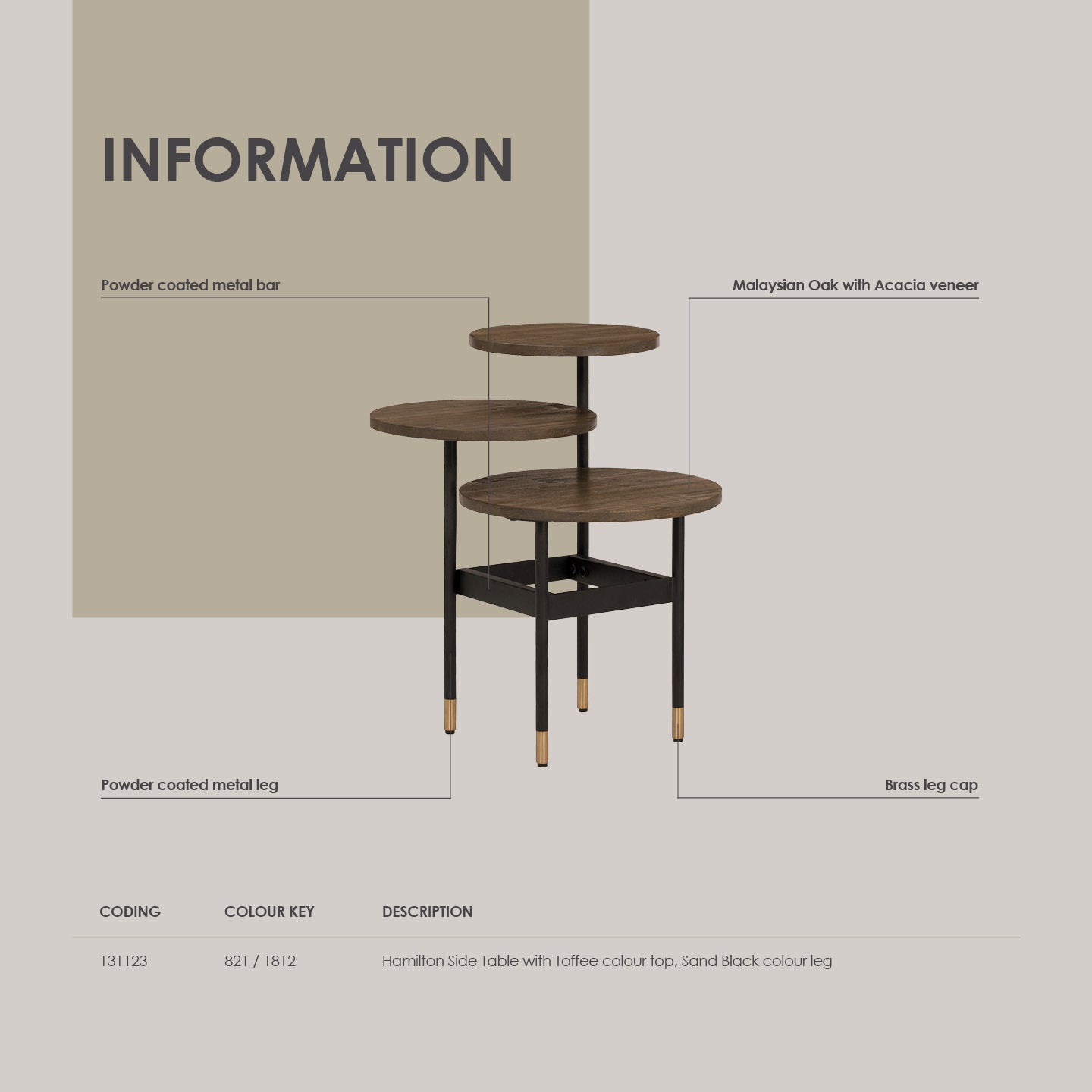 Hamilton Side Table with Toffee colour top, Sand Black colour leg.