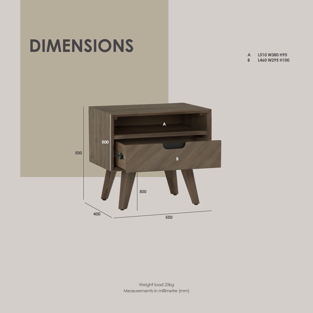 Torrell Bedside Table With 1 Drawer in Woodline Mocha colour.