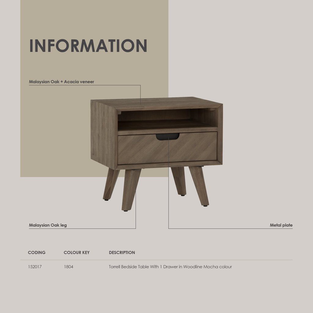 Torrell Bedside Table With 1 Drawer in Woodline Mocha colour.