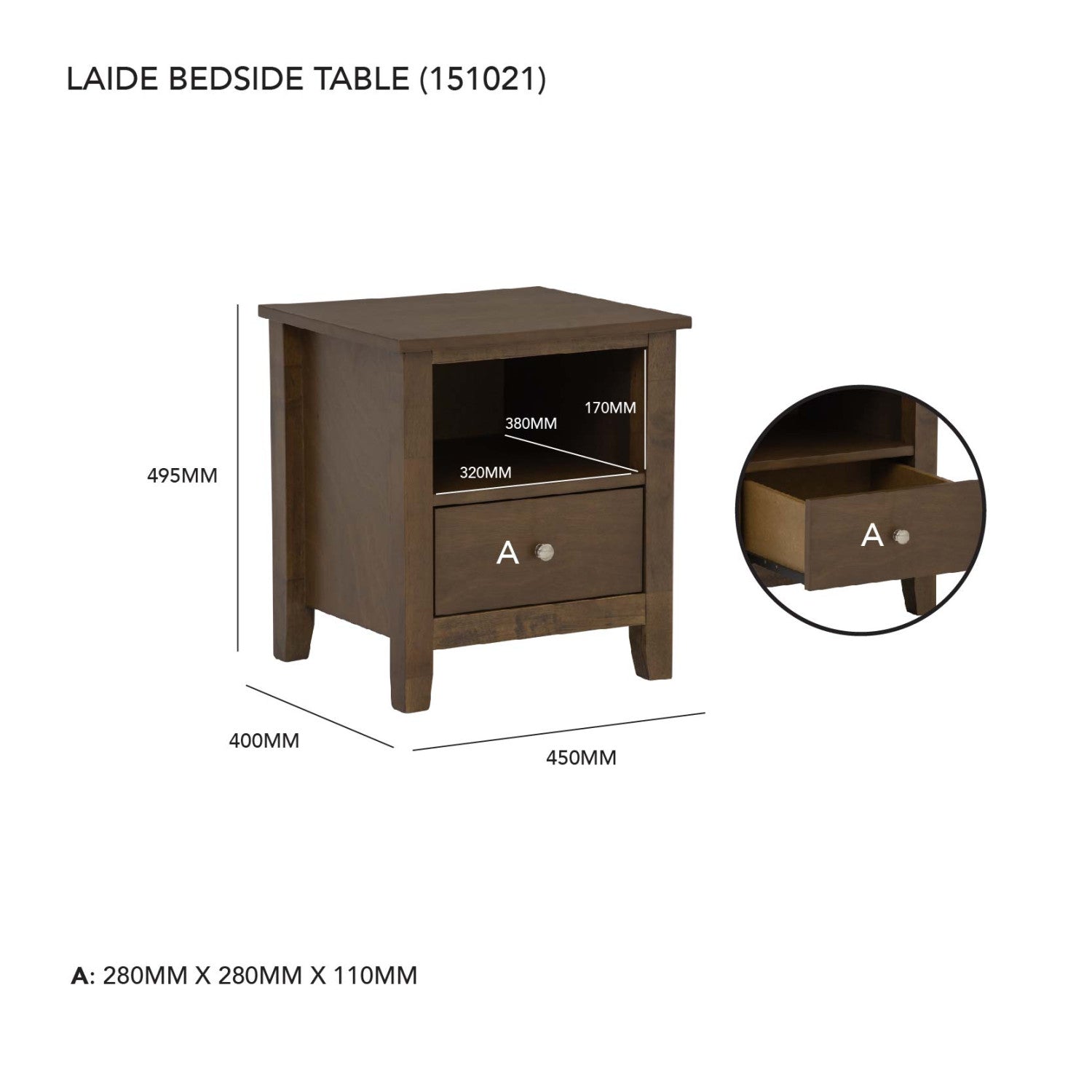 Laide bedside table in Cocoa colour.