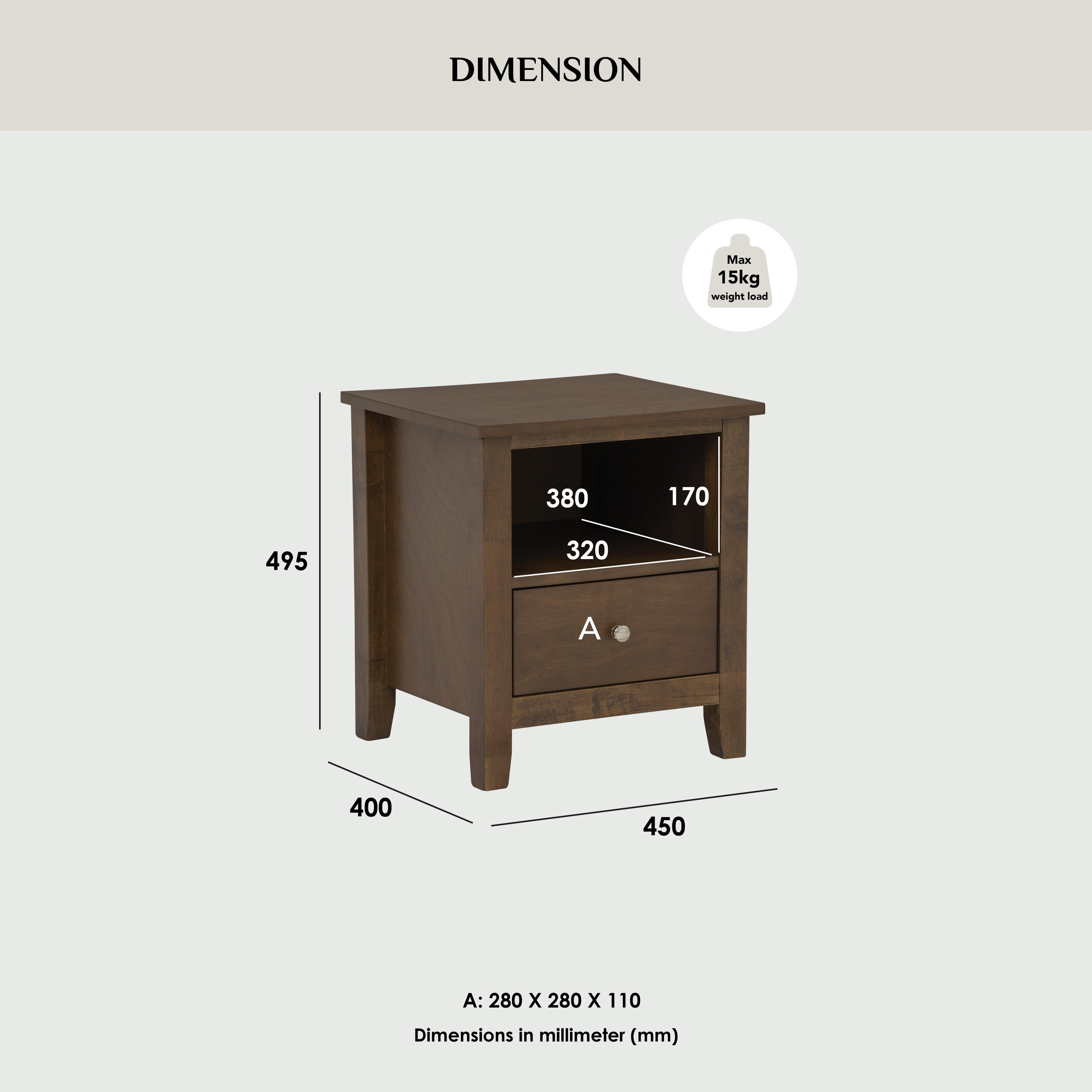 Laide bedside table in Cocoa colour.