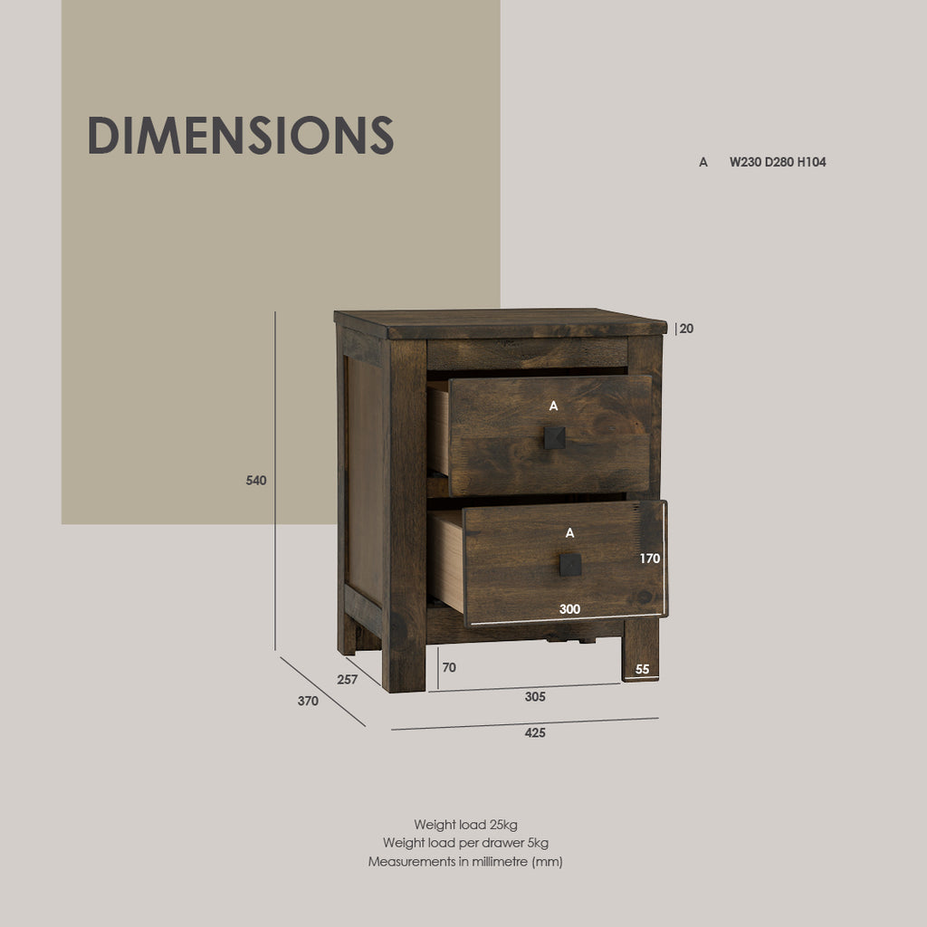 Leyton Bedside Table with 2 drawer in Rustic Cocoa colour.