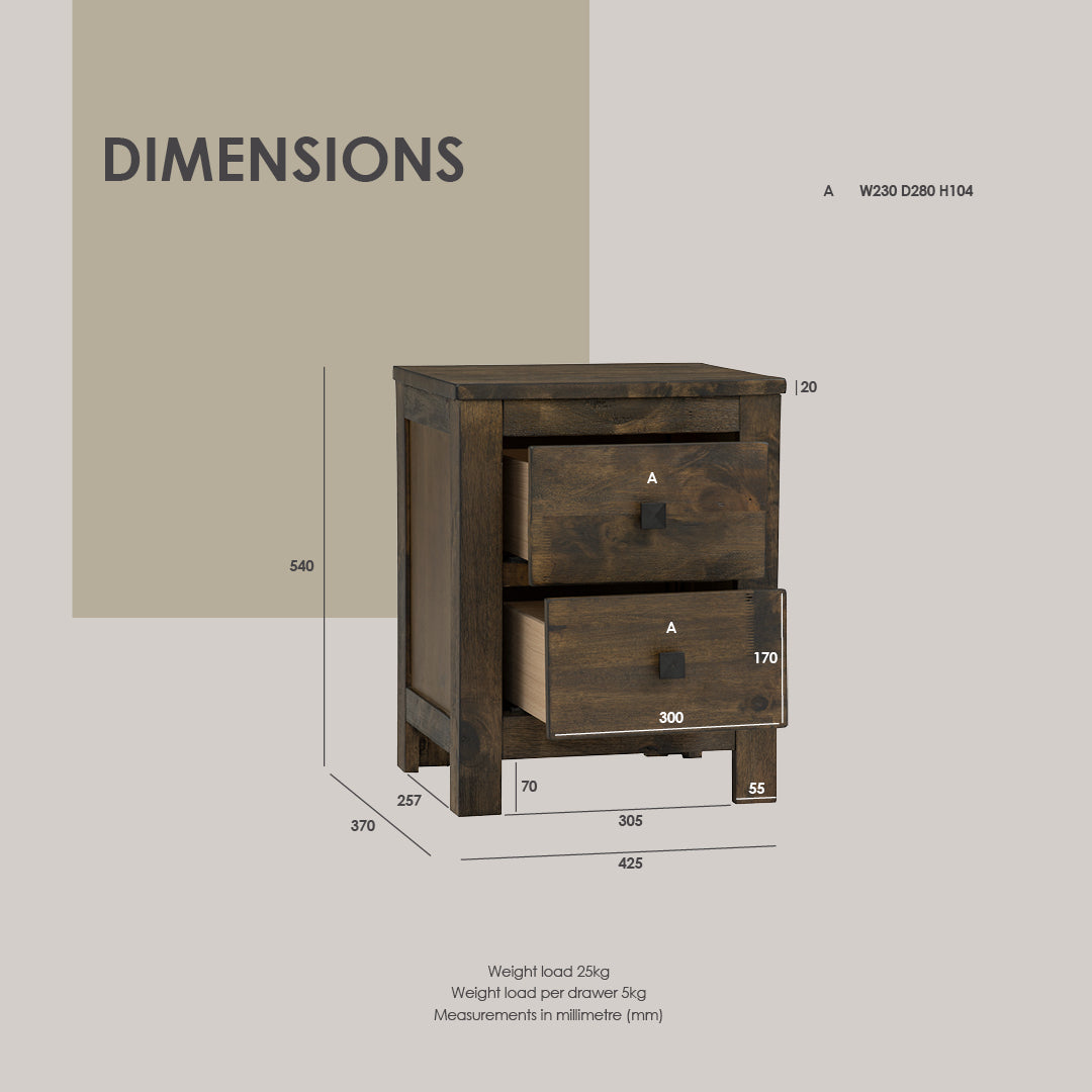 Leyton Bedside Table with 2 drawer in Rustic Cocoa colour.