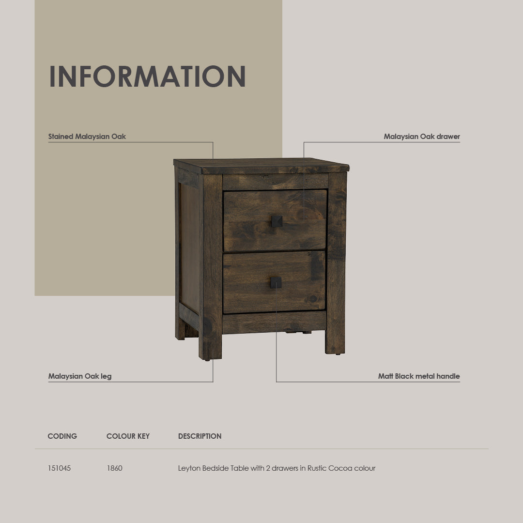 Leyton Bedside Table with 2 drawer in Rustic Cocoa colour.