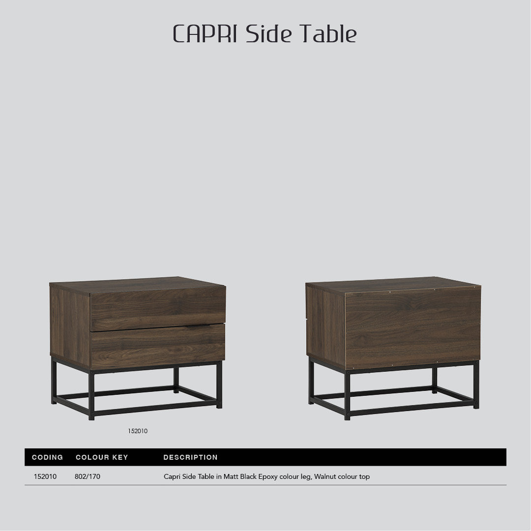 Capri side table in Matt Black Epoxy colour leg, Walnut colour top.