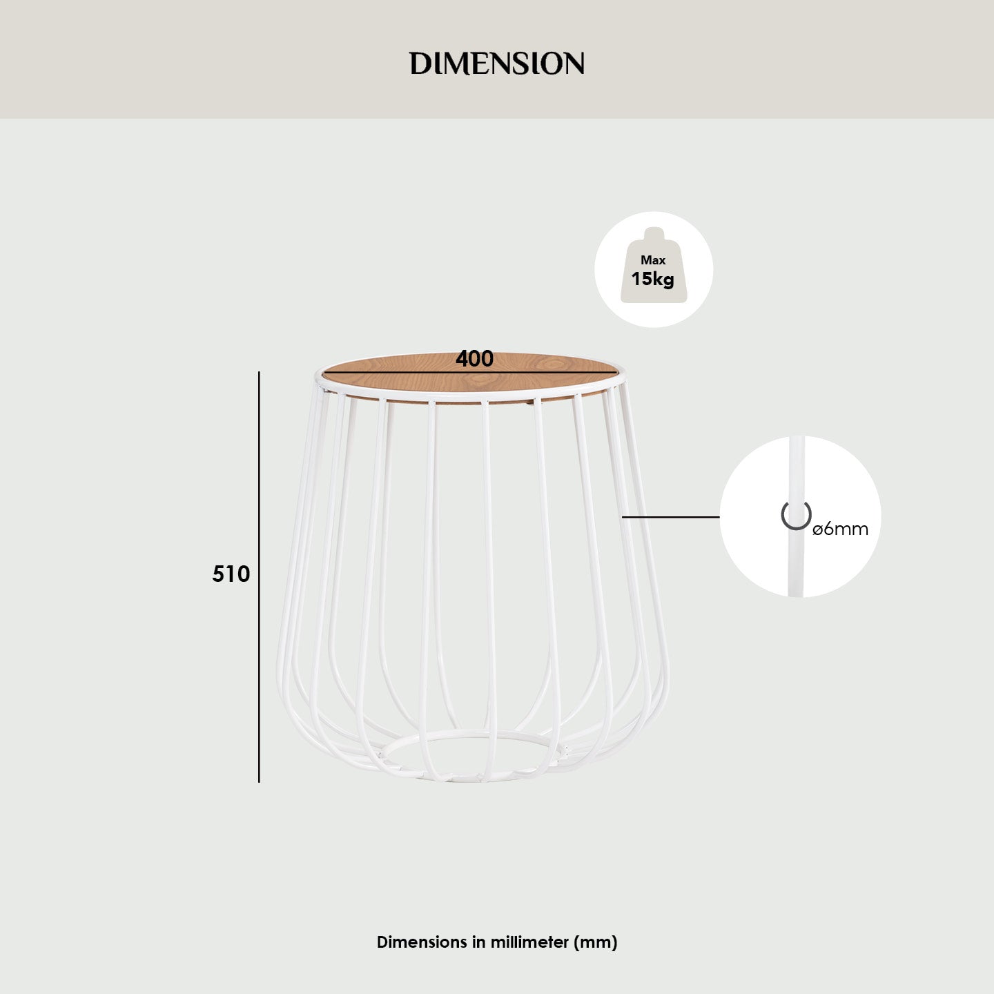 Gabbia round side table in Natural colour top, Matt White Epoxy leg.